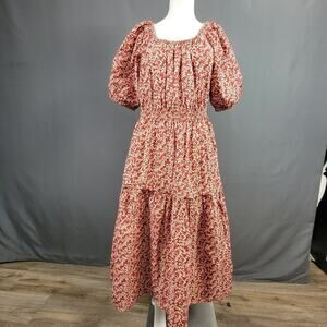 Apiece Apart Floral Midi Dress M Puff Sleeve Red Cottagecore